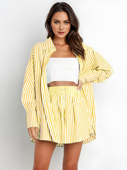 Casual Stripe Collared Button-Up Long Sleeve Shirt & Drawstring Waist Shorts Co-ord