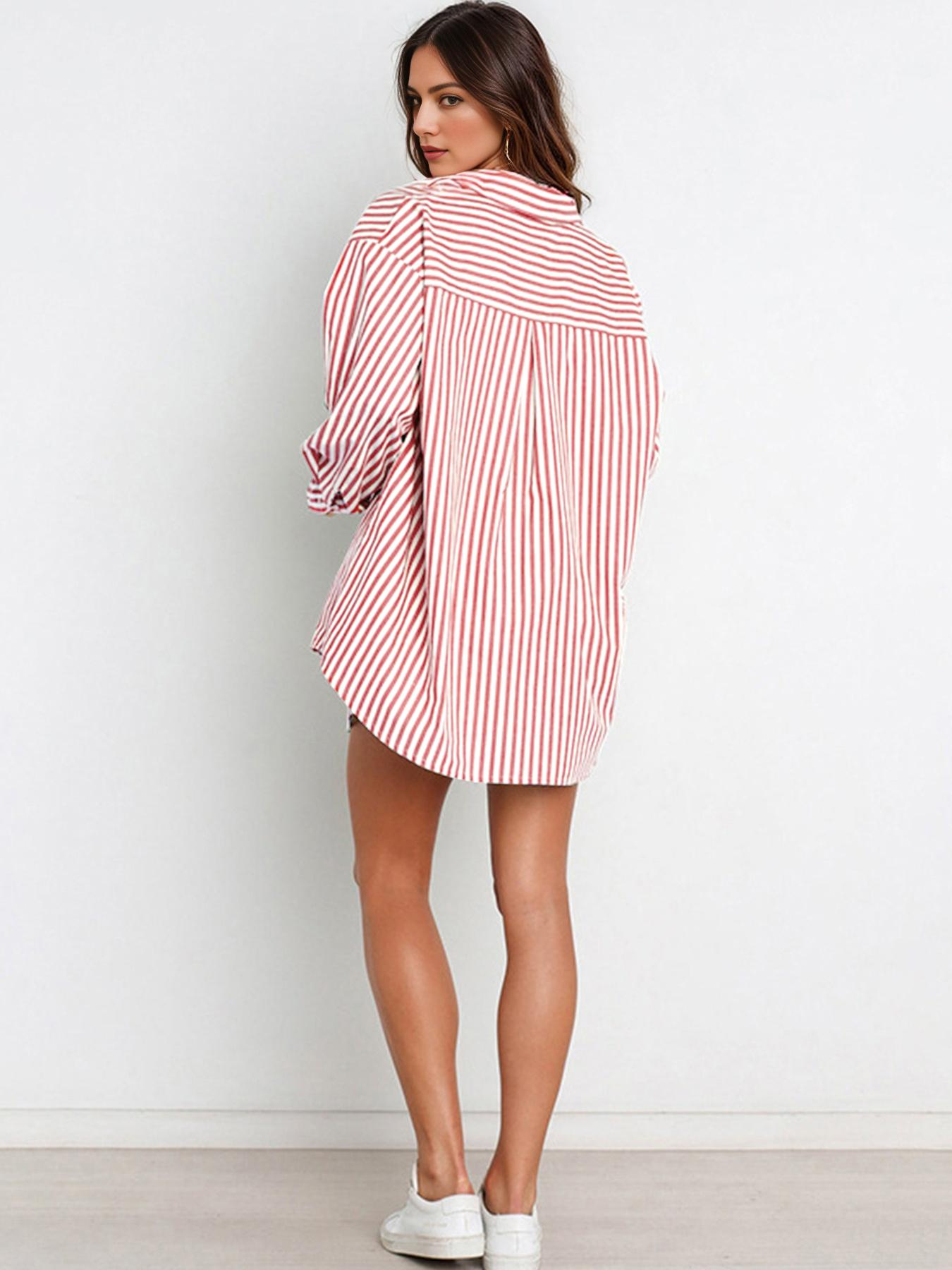 Casual Stripe Collared Button-Up Long Sleeve Shirt & Drawstring Waist Shorts Co-ord
