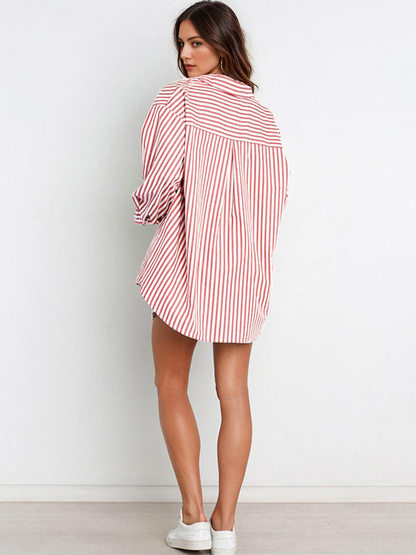 Casual Stripe Collared Button-Up Long Sleeve Shirt & Drawstring Waist Shorts Co-ord