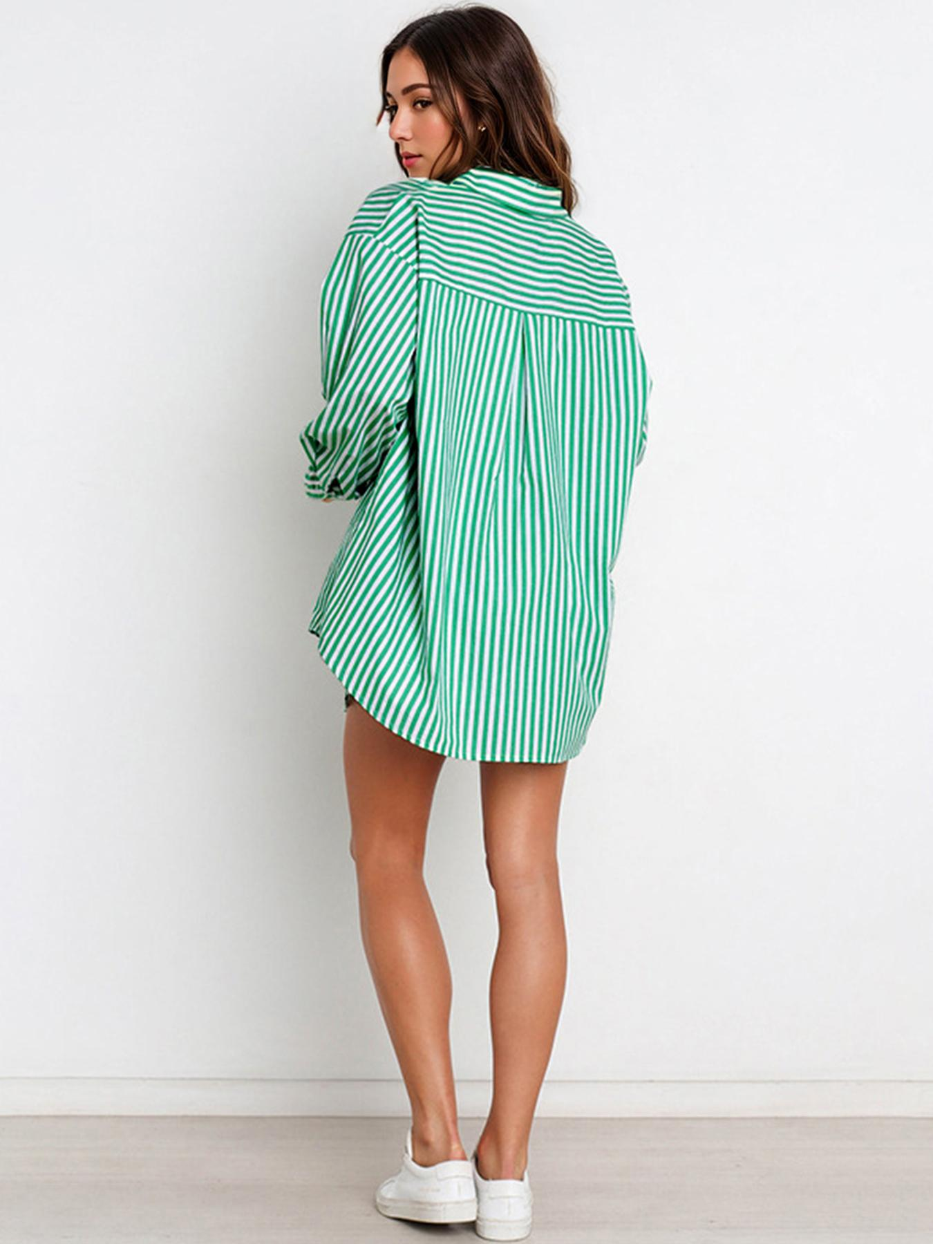 Casual Stripe Collared Button-Up Long Sleeve Shirt & Drawstring Waist Shorts Co-ord