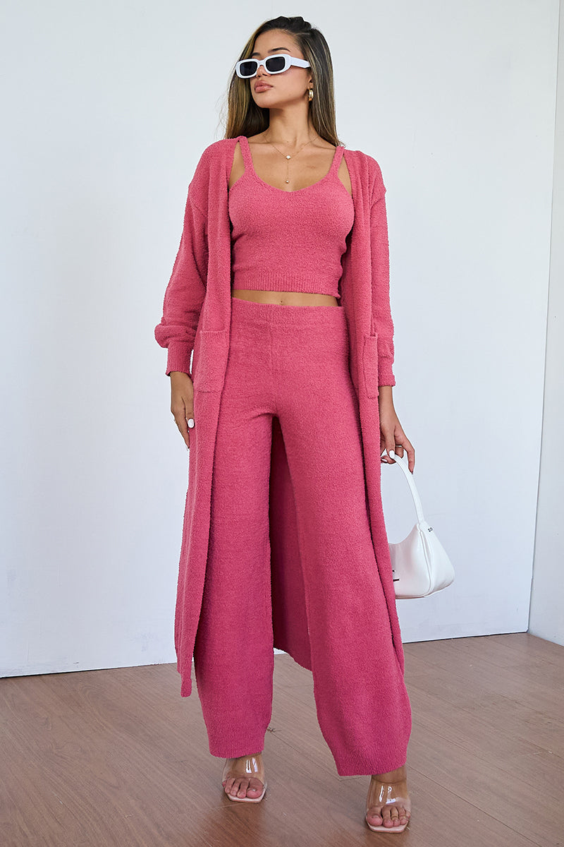 Cozy Fur Camisole & High Waist Trousers With Long Cardigan Three-Piece Set