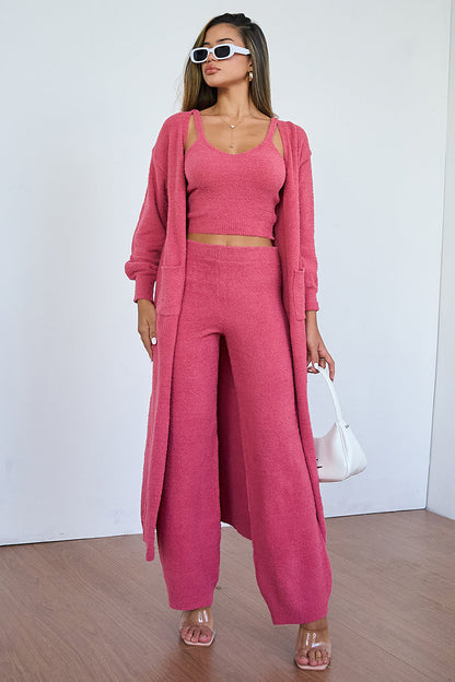 Cozy Fur Camisole & High Waist Trousers With Long Cardigan Three-Piece Set