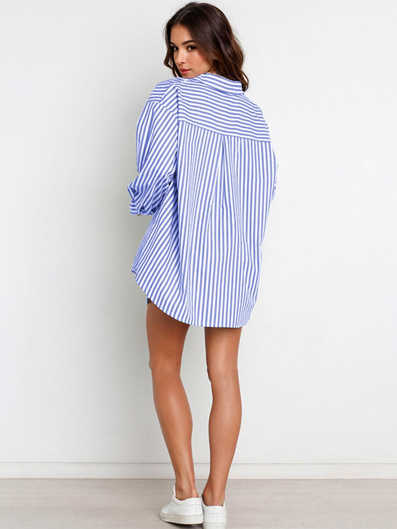 Casual Stripe Collared Button-Up Long Sleeve Shirt & Drawstring Waist Shorts Co-ord