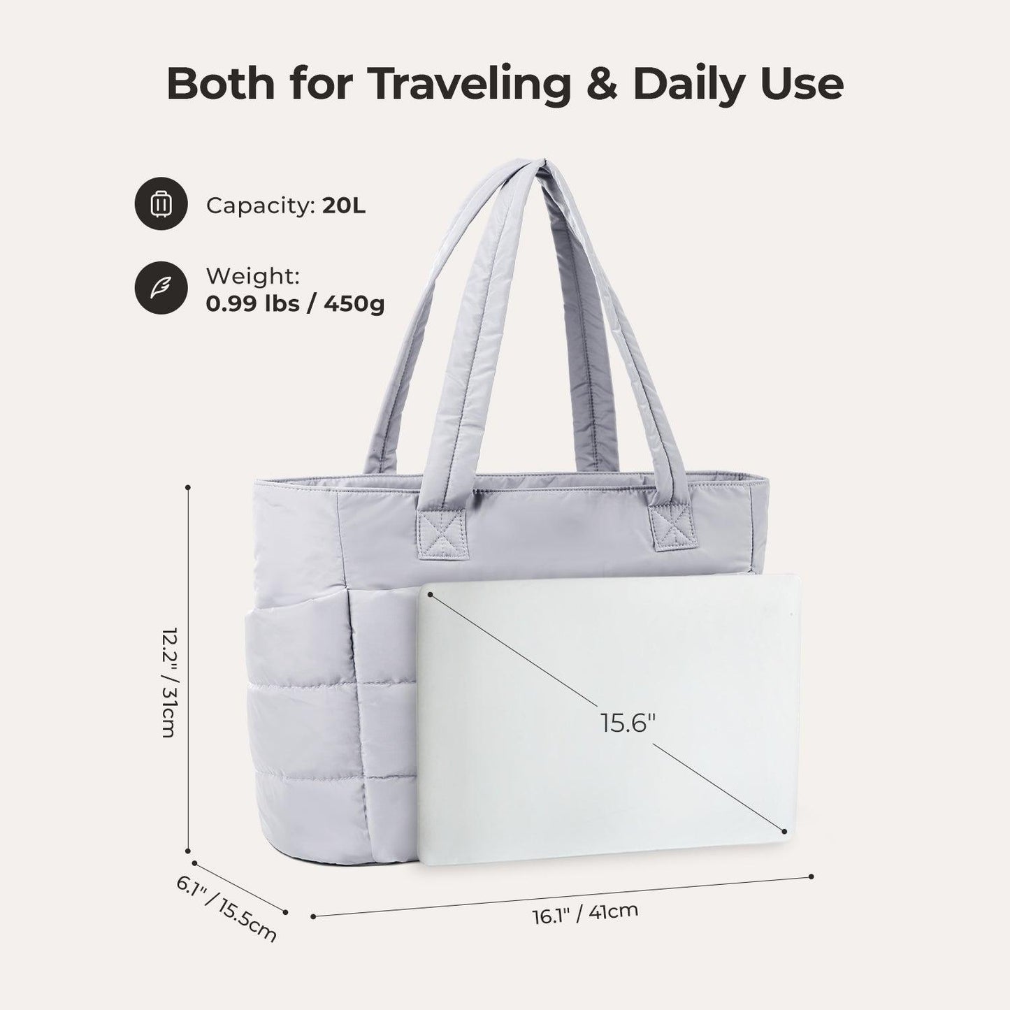 20L Puffy Tote Bag med 15,6" laptoprom