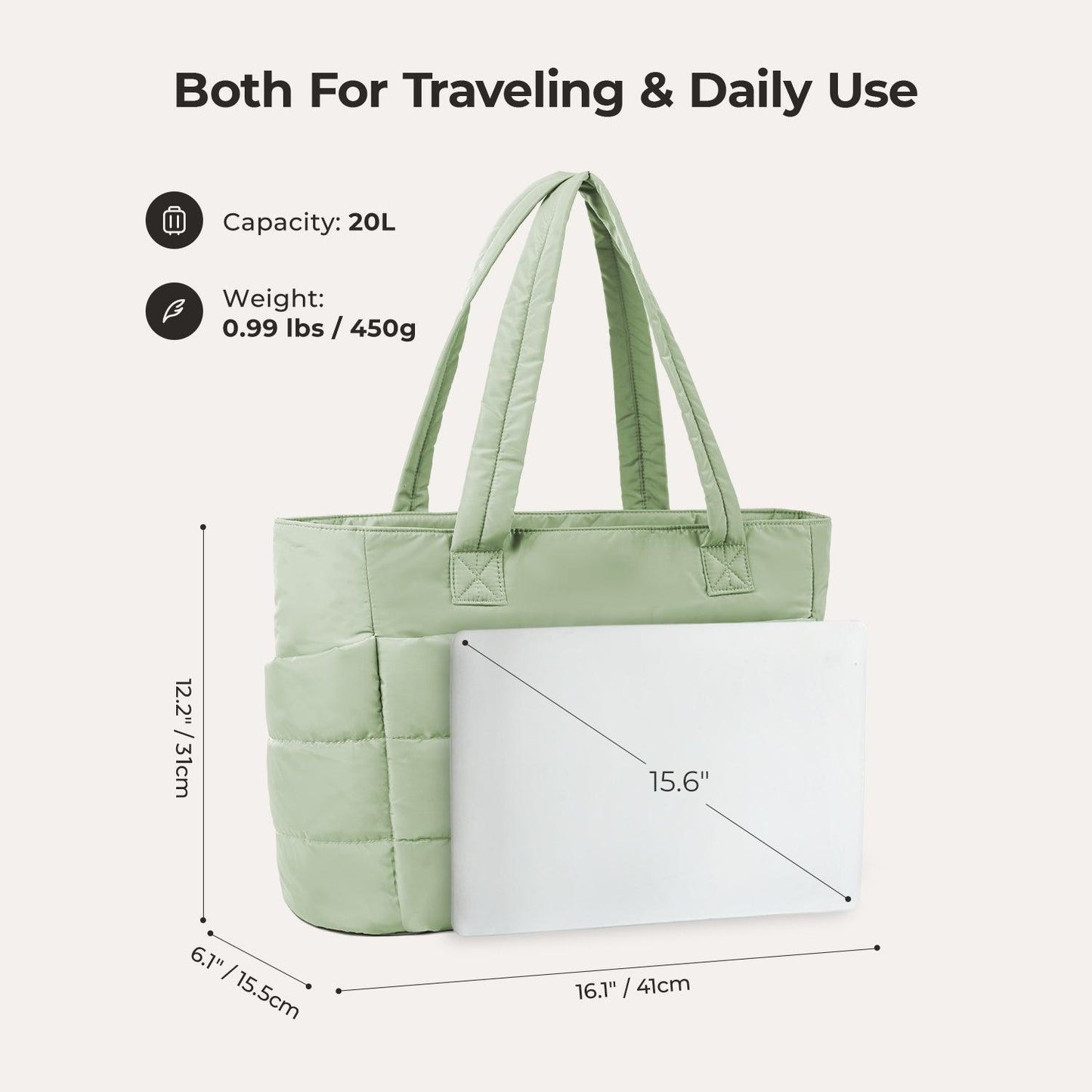 20L Puffy Tote Bag med 15,6" laptoprom
