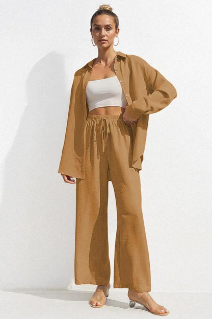 Basic Collared Long Sleeve Shirt & Drawstring Waist Trousers Co-ord