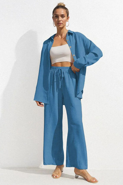 Basic Collared Long Sleeve Shirt & Drawstring Waist Trousers Co-ord