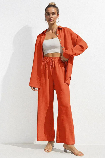Basic Collared Long Sleeve Shirt & Drawstring Waist Trousers Co-ord