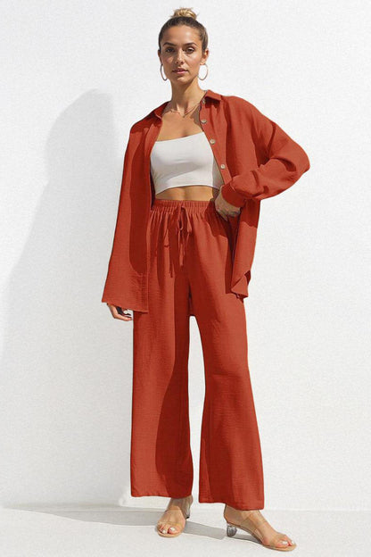 Basic Collared Long Sleeve Shirt & Drawstring Waist Trousers Co-ord