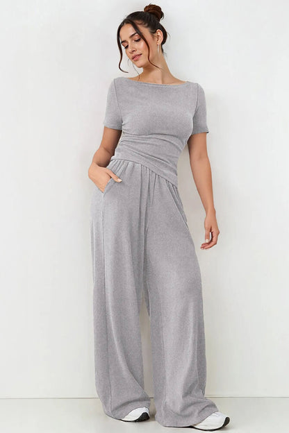 Basic Solid Color Scoop Neck Short Sleeve Slim Top & Wide Leg Pocket Trousers Co-ord