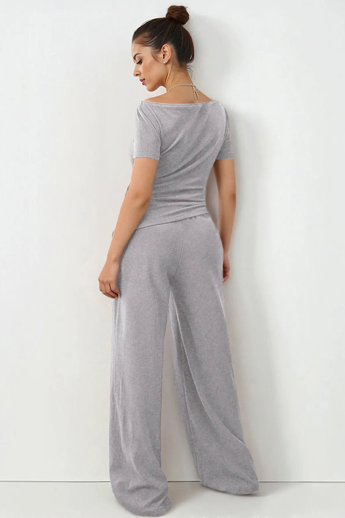 Basic Solid Color Scoop Neck Short Sleeve Slim Top & Wide Leg Pocket Trousers Co-ord