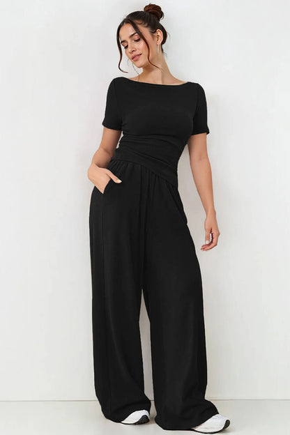 Basic Solid Color Scoop Neck Short Sleeve Slim Top & Wide Leg Pocket Trousers Co-ord