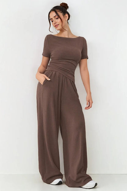 Basic Solid Color Scoop Neck Short Sleeve Slim Top & Wide Leg Pocket Trousers Co-ord