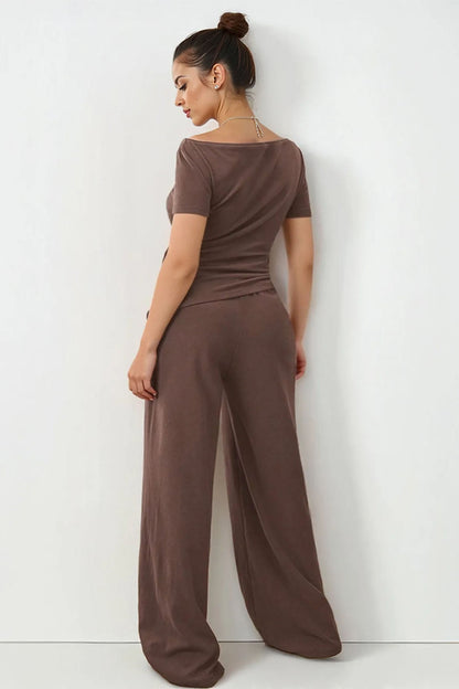 Basic Solid Color Scoop Neck Short Sleeve Slim Top & Wide Leg Pocket Trousers Co-ord
