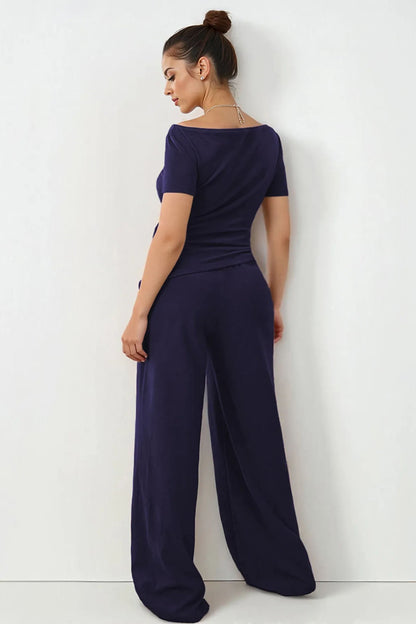 Basic Solid Color Scoop Neck Short Sleeve Slim Top & Wide Leg Pocket Trousers Co-ord