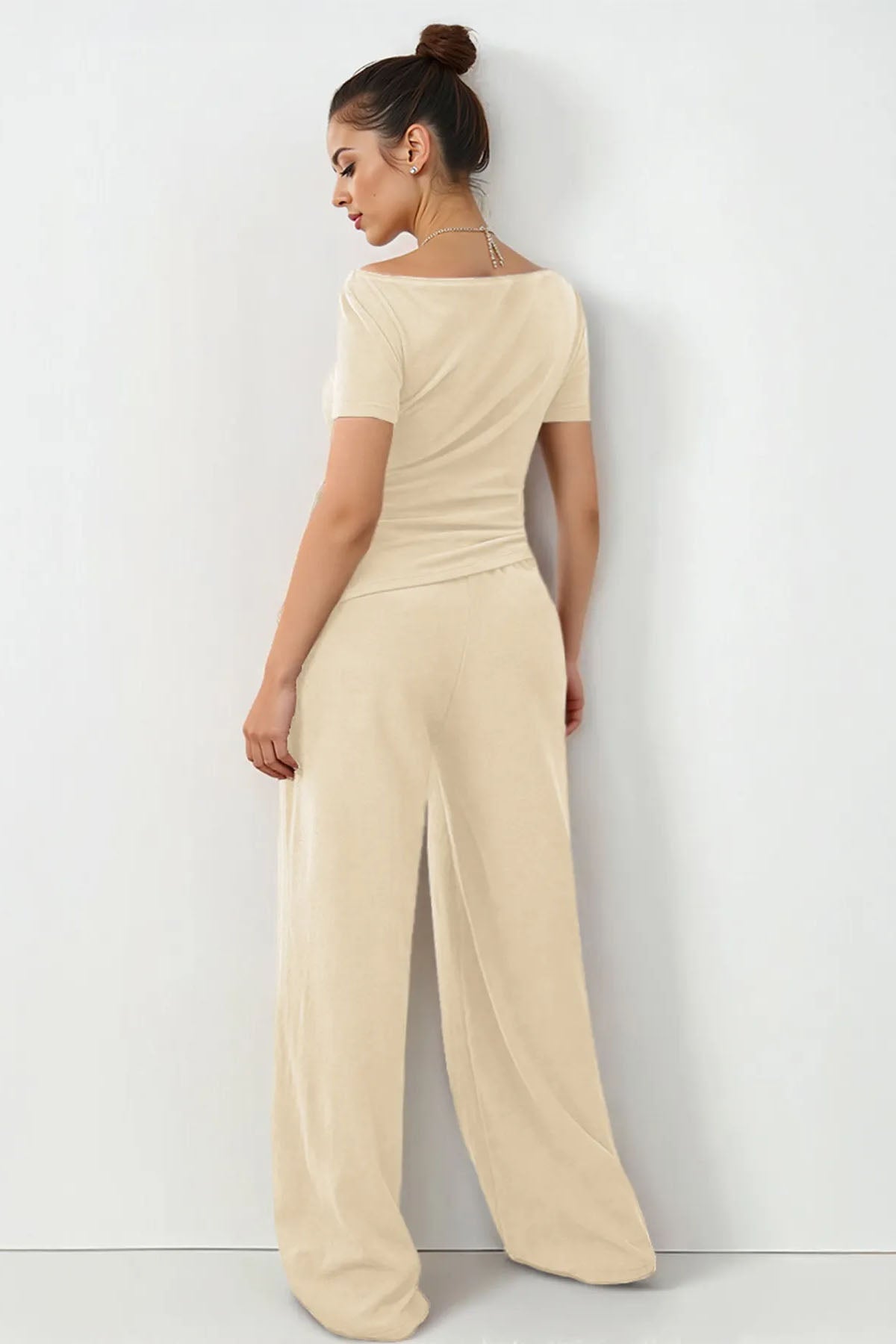 Basic Solid Color Scoop Neck Short Sleeve Slim Top & Wide Leg Pocket Trousers Co-ord