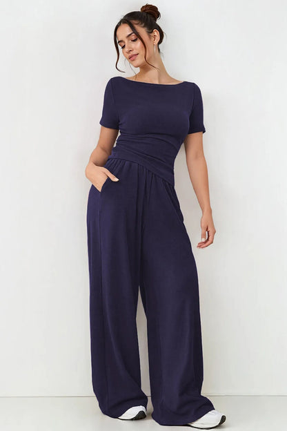 Basic Solid Color Scoop Neck Short Sleeve Slim Top & Wide Leg Pocket Trousers Co-ord