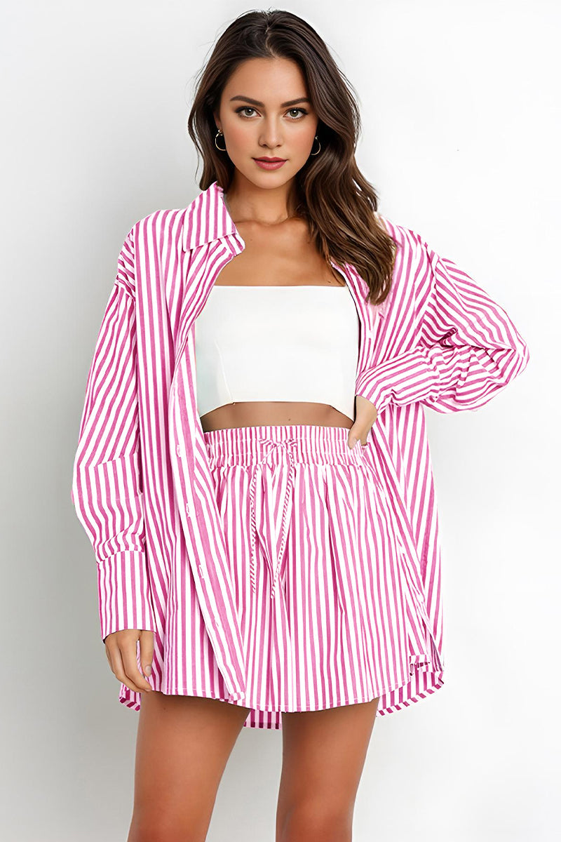 Casual Stripe Collared Button-Up Long Sleeve Shirt & Drawstring Waist Shorts Co-ord
