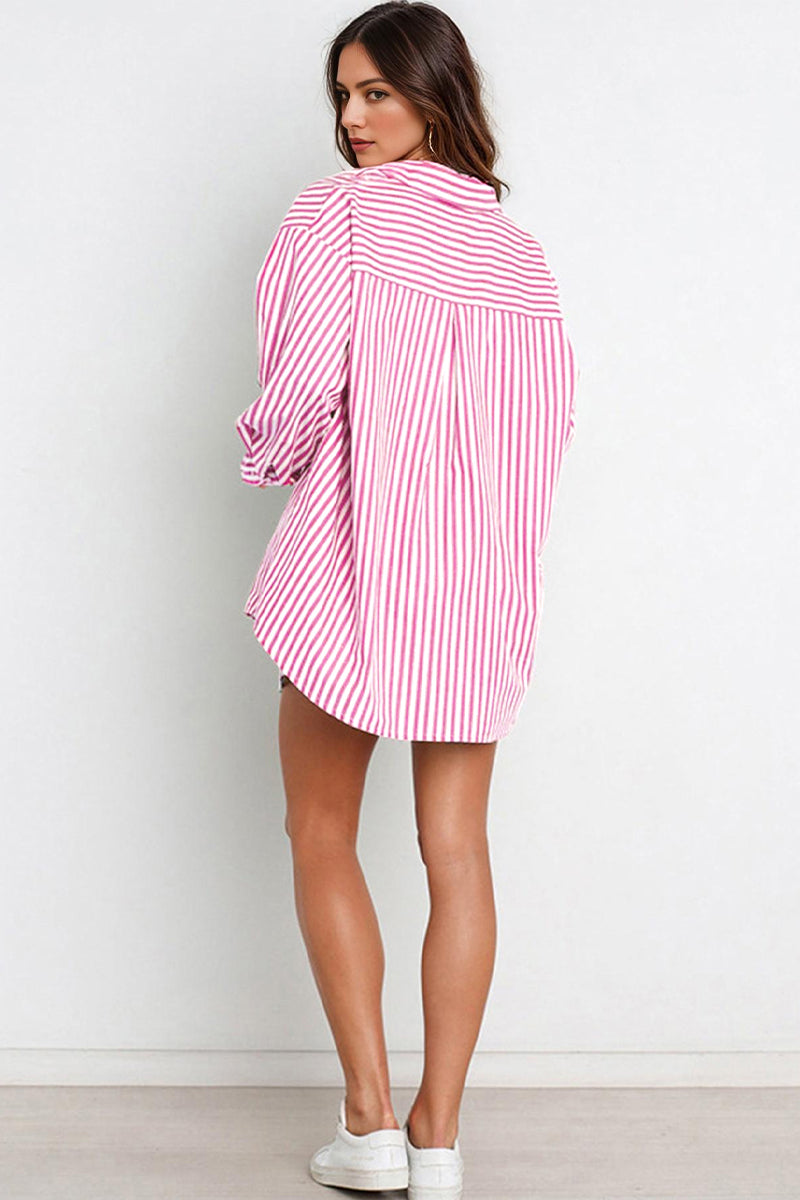 Casual Stripe Collared Button-Up Long Sleeve Shirt & Drawstring Waist Shorts Co-ord