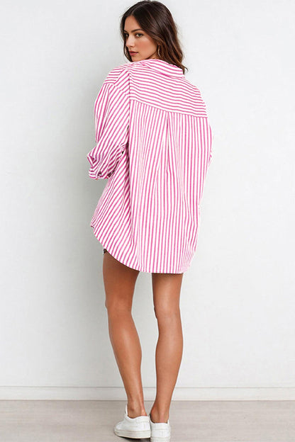 Casual Stripe Collared Button-Up Long Sleeve Shirt & Drawstring Waist Shorts Co-ord
