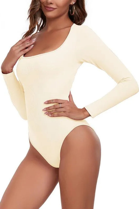 Casual Seamless Solid Color U Neck Long Sleeve Stretch Bodysuit