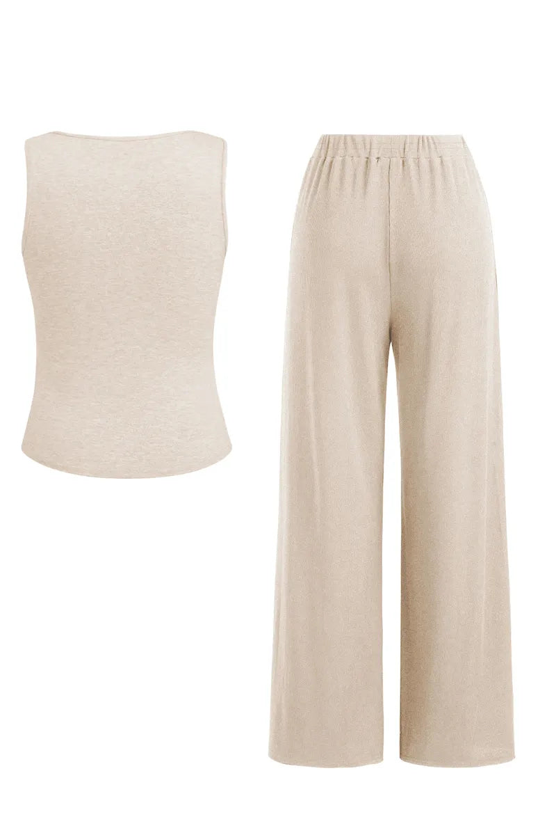 Classy U-Neck Button Decor Tank Top & Wide Leg Trousers with Lace Trim Camisole Three-Piece Set