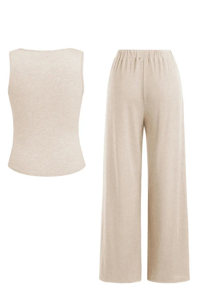 Classy U-Neck Button Decor Tank Top & Wide Leg Trousers with Lace Trim Camisole Three-Piece Set