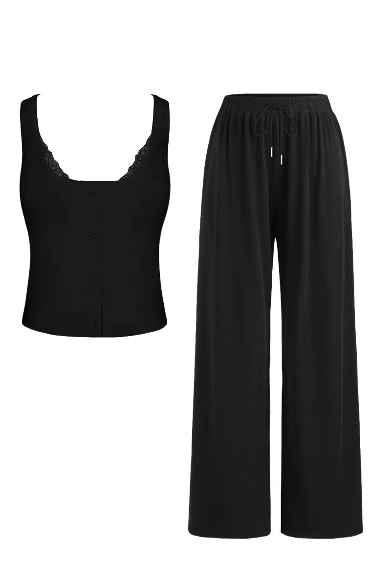 Classy U-Neck Button Decor Tank Top & Wide Leg Trousers with Lace Trim Camisole Three-Piece Set