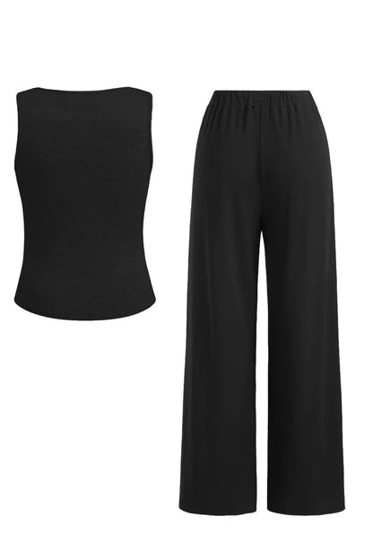 Classy U-Neck Button Decor Tank Top & Wide Leg Trousers with Lace Trim Camisole Three-Piece Set
