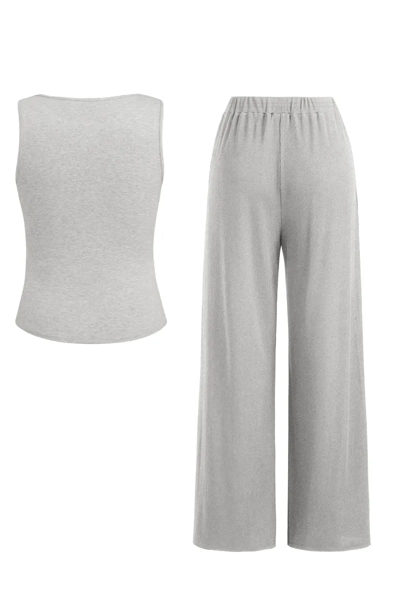 Classy U-Neck Button Decor Tank Top & Wide Leg Trousers with Lace Trim Camisole Three-Piece Set