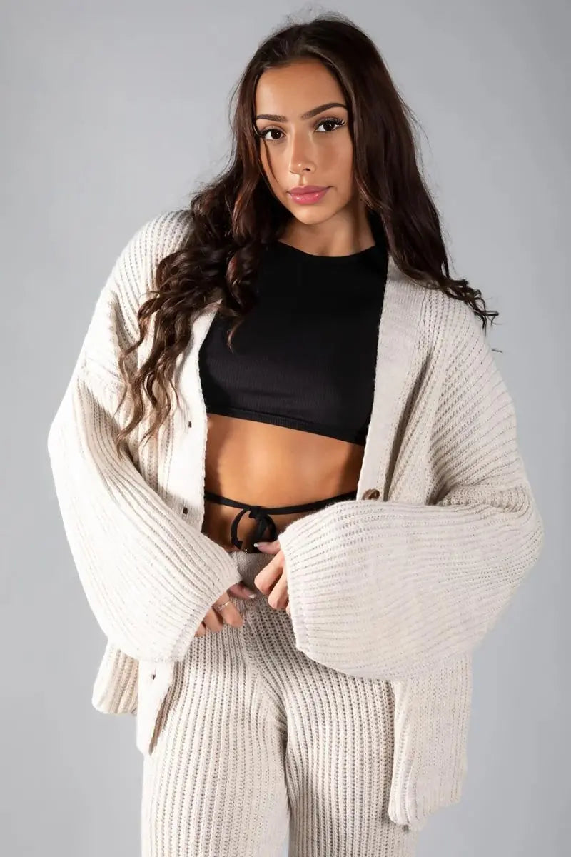Casual Knit V Neck Cardigan & Loose Trousers Co-ord