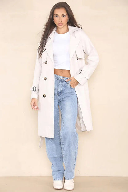 Classy Notch Lapel Double Breasted Belt Decor Trench Coat