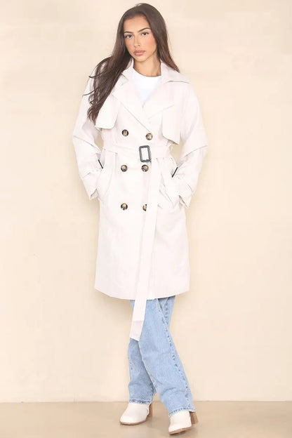 Classy Notch Lapel Double Breasted Belt Decor Trench Coat