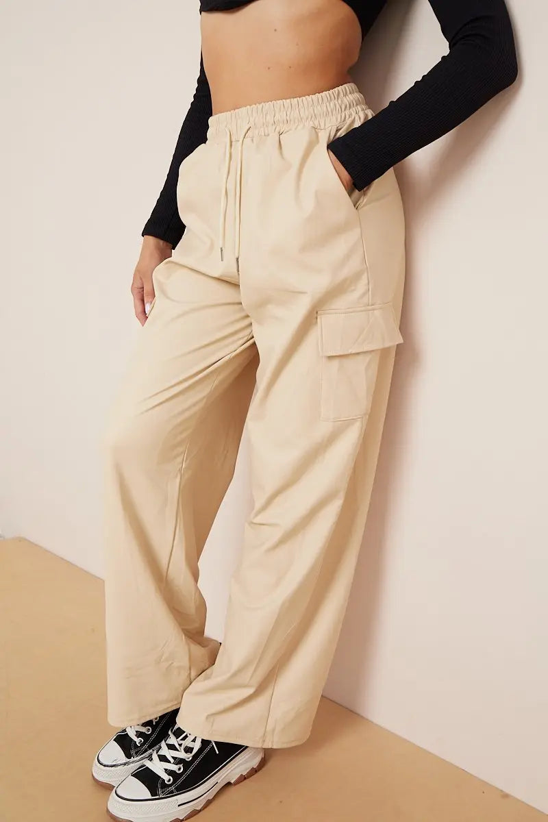 Minimalist Drawstring Waist Wide Leg PU Cargo Pants