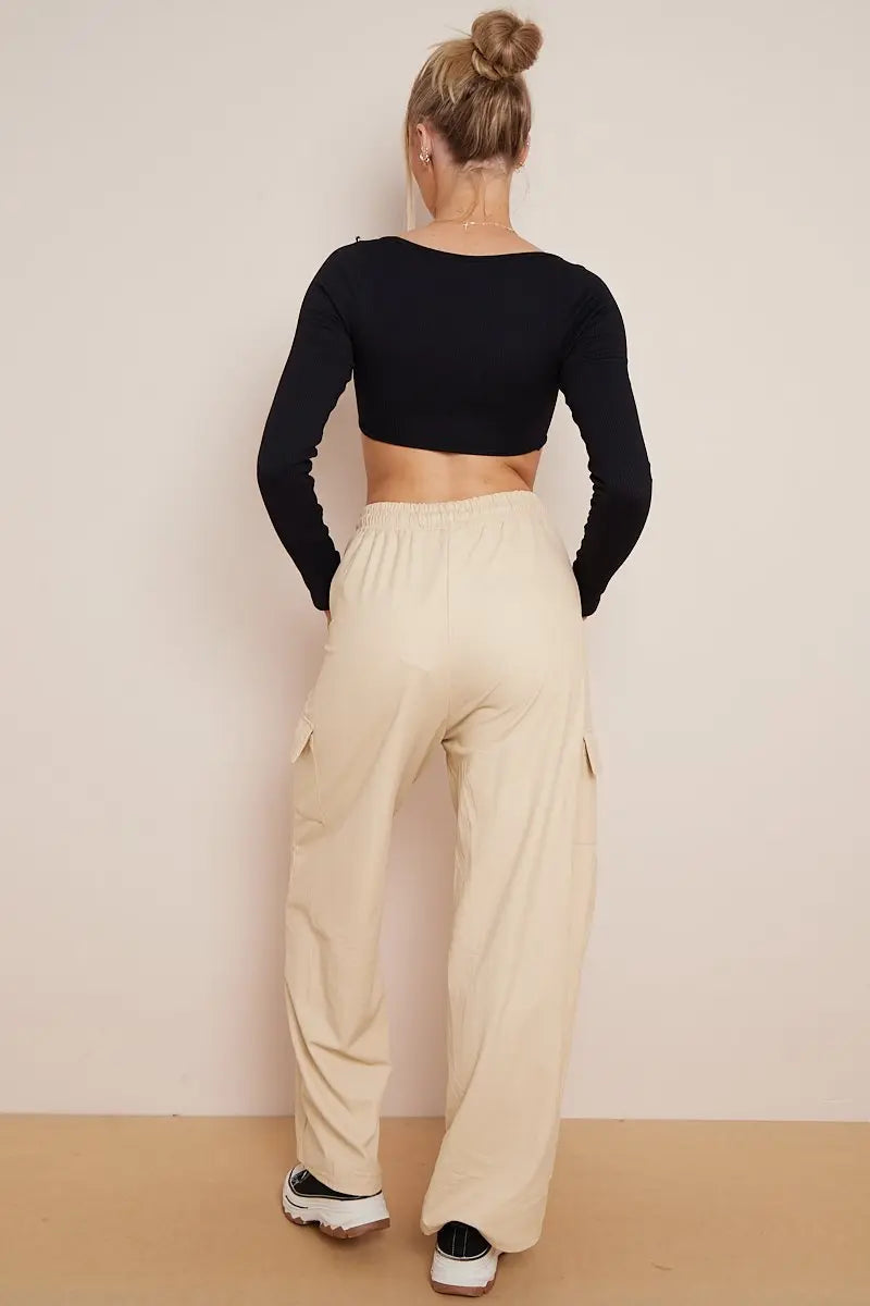 Minimalist Drawstring Waist Wide Leg PU Cargo Pants