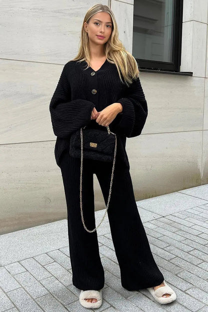 Casual Knit V Neck Cardigan & Loose Trousers Co-ord