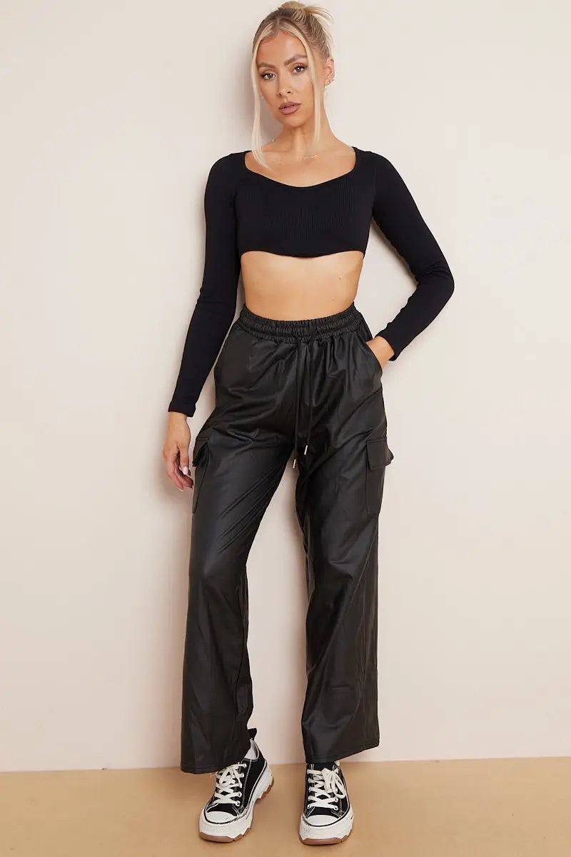 Minimalist Drawstring Waist Wide Leg PU Cargo Pants