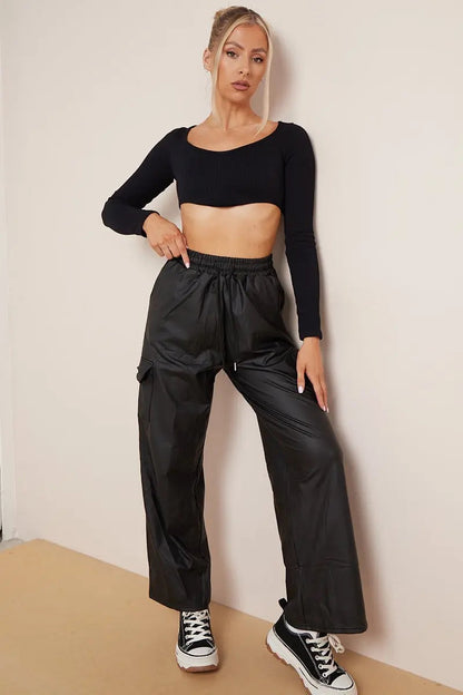 Minimalist Drawstring Waist Wide Leg PU Cargo Pants