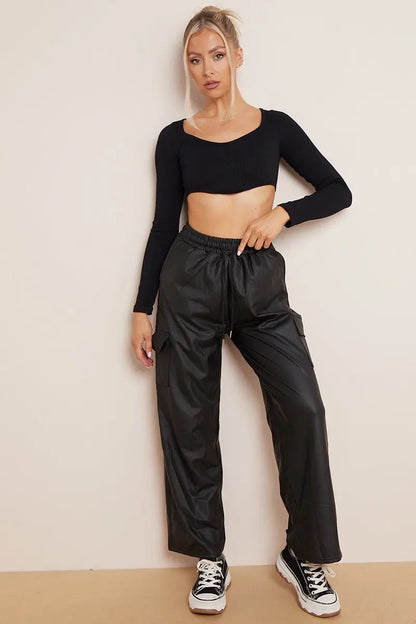 Minimalist Drawstring Waist Wide Leg PU Cargo Pants