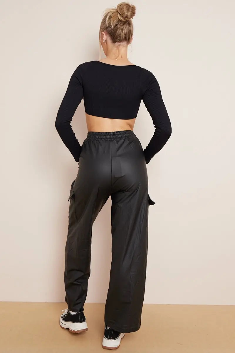 Minimalist Drawstring Waist Wide Leg PU Cargo Pants
