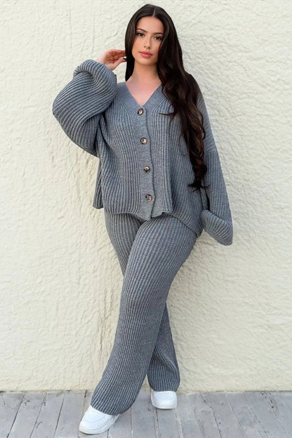 Casual Knit V Neck Cardigan & Loose Trousers Co-ord