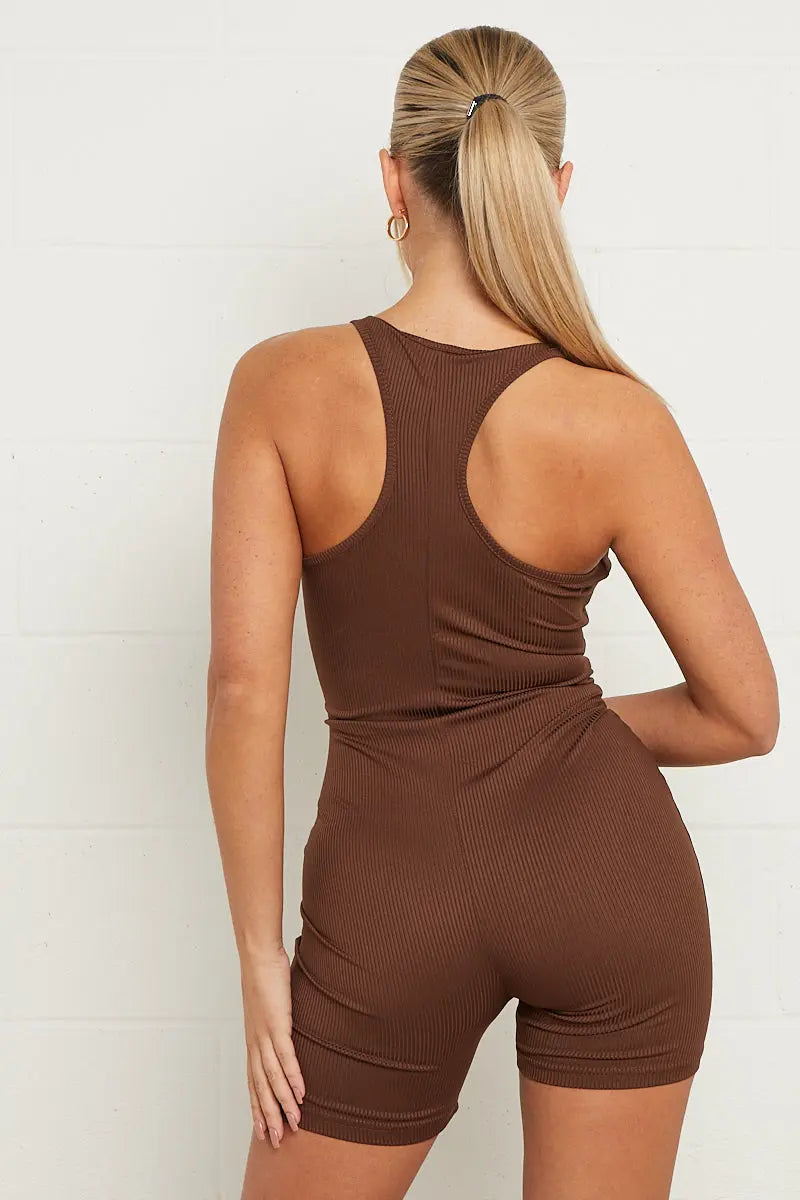 Minimalist Solid Color Ribbed U Neck Seamless Shaping Playsuit