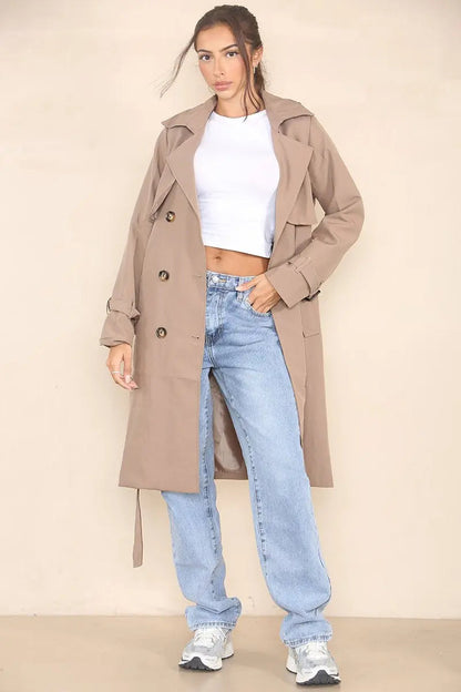 Classy Notch Lapel Double Breasted Belt Decor Trench Coat