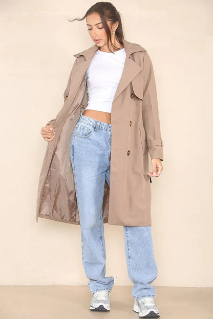 Classy Notch Lapel Double Breasted Belt Decor Trench Coat
