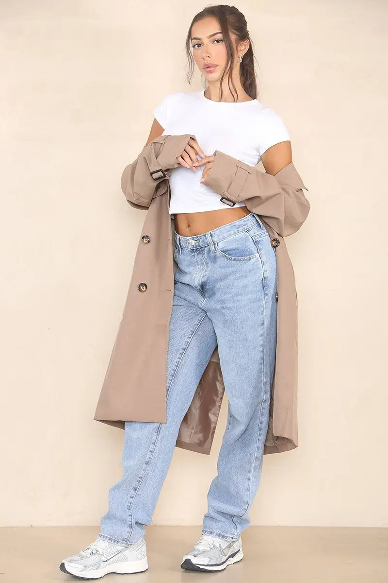 Classy Notch Lapel Double Breasted Belt Decor Trench Coat