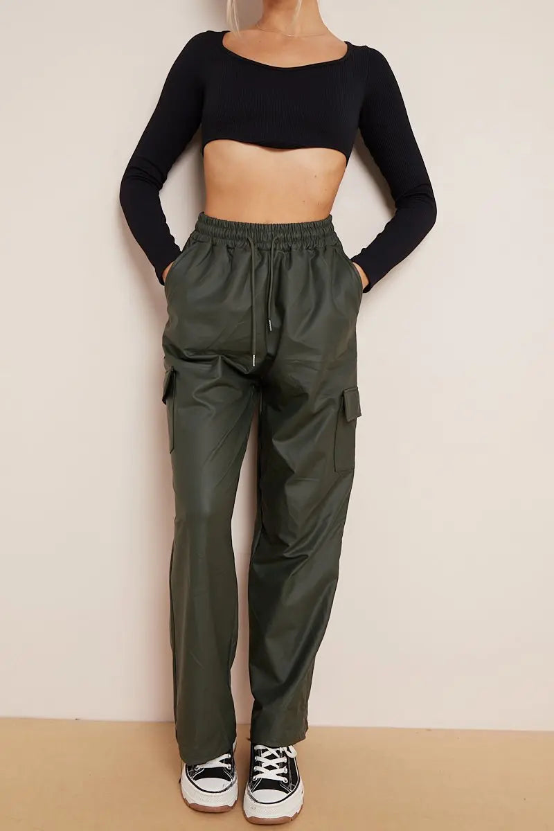 Minimalist Drawstring Waist Wide Leg PU Cargo Pants