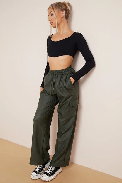 Minimalist Drawstring Waist Wide Leg PU Cargo Pants