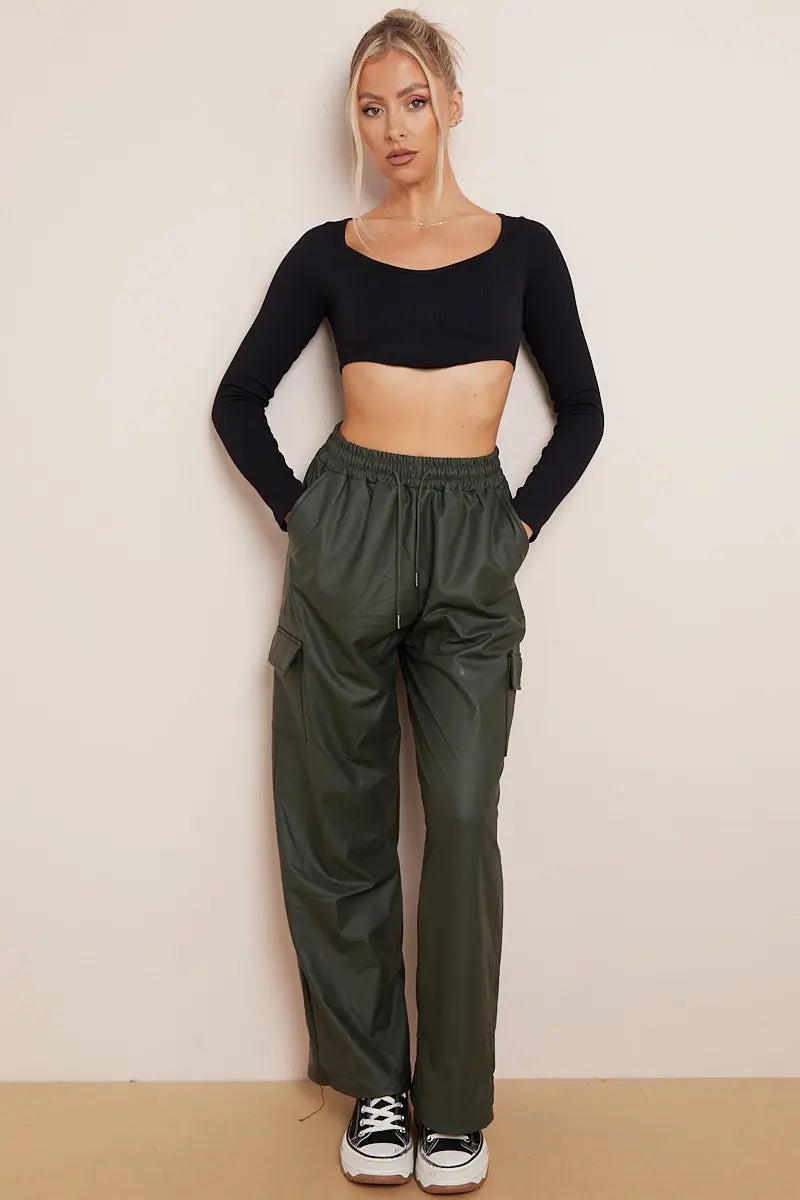 Minimalist Drawstring Waist Wide Leg PU Cargo Pants