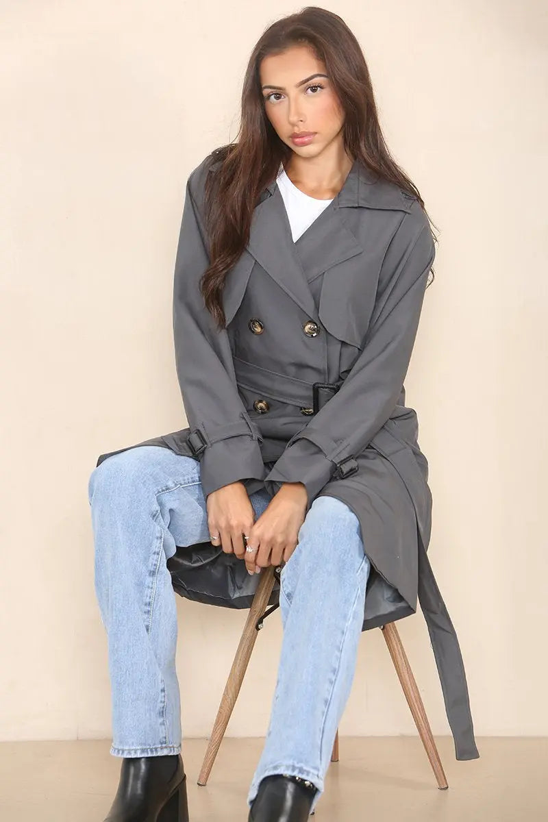 Classy Notch Lapel Double Breasted Belt Decor Trench Coat