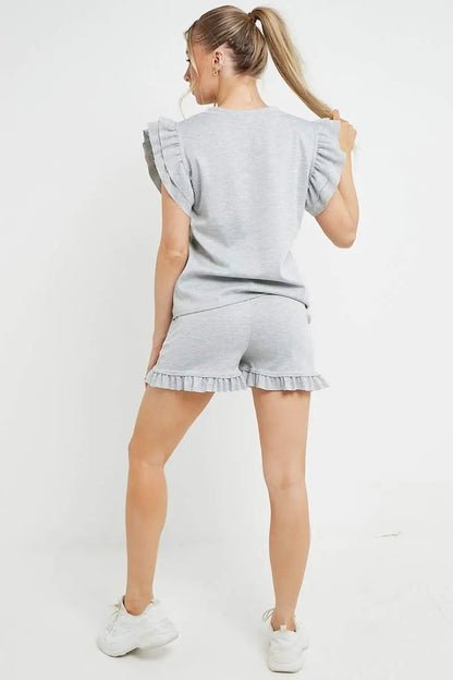 Trendy Ruffle Sleeve Loose Top & Drawstring Waist Shorts Co-ord